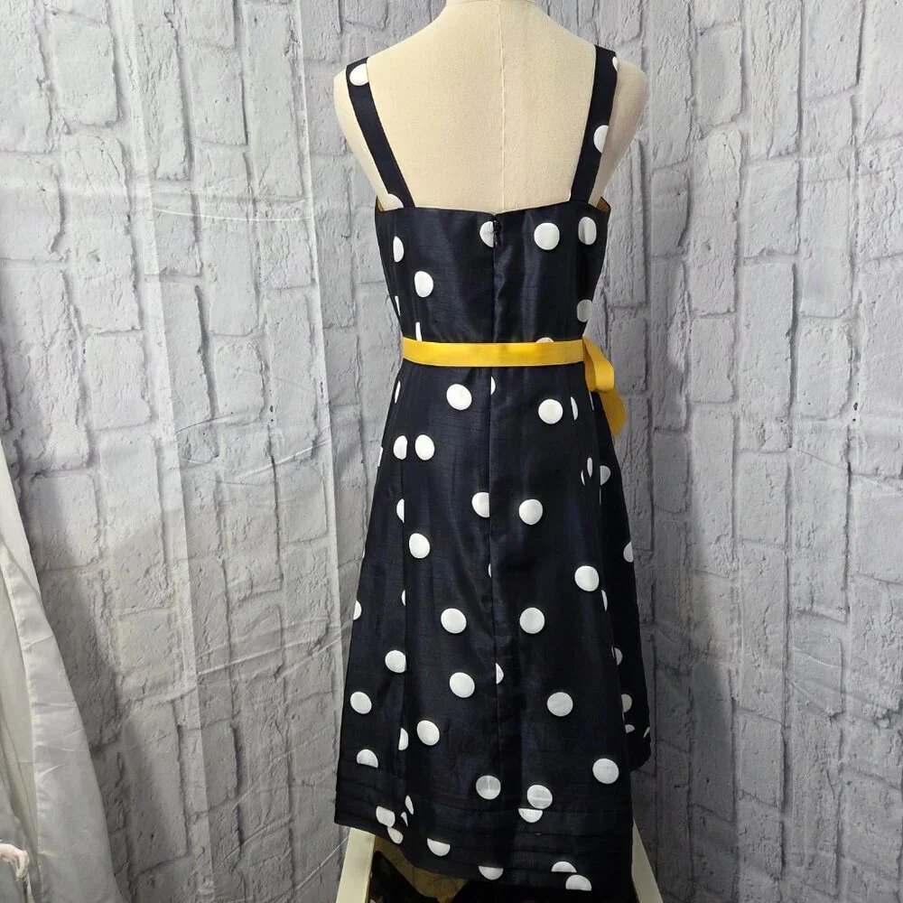 Jessica Howard Size 6 Navy White Polka Dot Yellow Bow Retro Sleeveless Dress